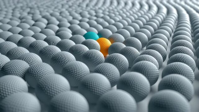 3D Animation Video of Yellow and Blue Textured Spheres Moving Through a Wave Pattern of Grey Balls Background.