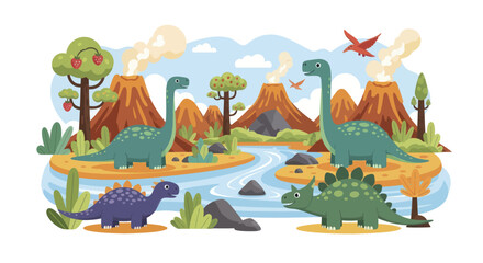 Cartoon Dinosaurs Roaming Prehistoric Landscape with Volcanoes and Rivers. © Berkah