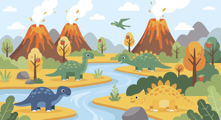 Cartoon Dinosaurs Roaming Prehistoric Landscape with Volcanoes and Rivers. © Berkah