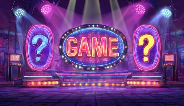 Bright game show stage with "GAME" in center and question marks on sides