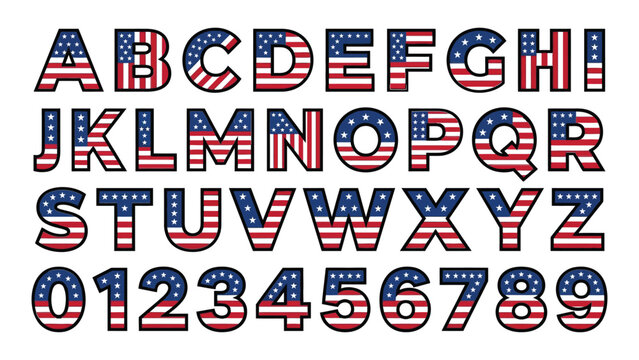 Patriotic American Flag Style Alphabet Letters and Numbers Set Design