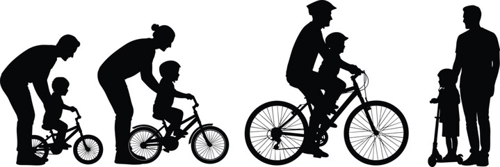 Obraz premium Parent teaching child riding bicycle silhouette collection, family outdoor activity with scooter and bike, parenting concept set, isolated black illustration design