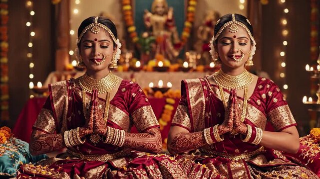 Two young Indian women in traditional red and gold attire performing a prayer ritual with hands clasped, surrounded by festive lights and floral decorations