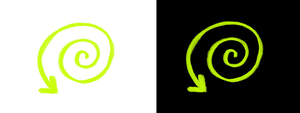 Neon Lime Green Spiral Arrow Pointing Down on White and Black Background