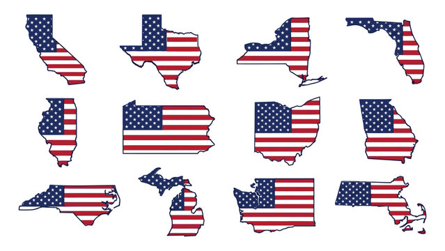 United States Map Design Showcasing Individual States with American Flag Patterns
