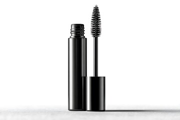 Obraz premium Black mascara tube and wand on a white background makeup cosmetic beauty