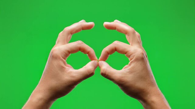 Human hands gesturing open palms and forming binoculars shape with fingers on green screen background