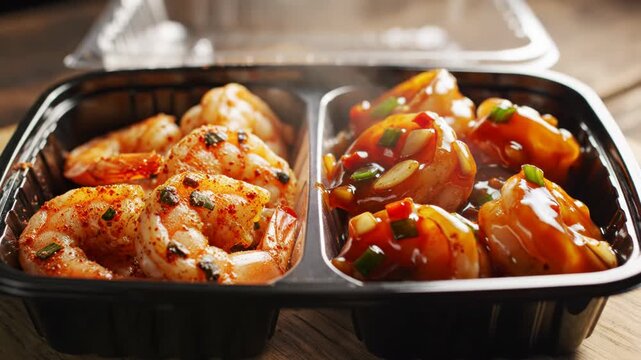 Close-up of a black plastic takeaway container with two varieties of shrimp: spicy dry-seasoned shrimp with herbs and glazed shrimp in sauce topped with sliced green onions.