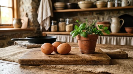 Fototapeta premium Rustic Kitchen Scene with Eggs and Herb Plant on Cutting Board, Natural Light