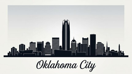 Obraz premium Silhouette skyline of Oklahoma City featuring Devon Tower and modern urban layout. Clean monochrome, no people. Bottom: 