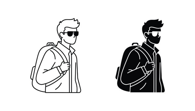 Young man with backpack and sunglasses wearing shirt outline and silhouette vector graphic