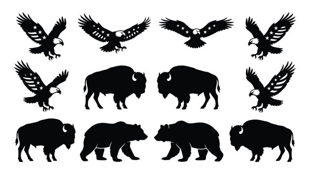Black and white silhouette animals including eagle and bison graphics isolated background