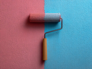 Obraz premium Paint roller in mid-stroke transforming textured wall surface from warm pink to vibrant blue in smooth, precise color change application process