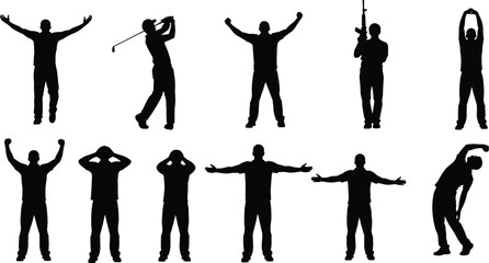 Male silhouette set showing sports activities celebration stretching golf shooting and expressive poses isolated on white background for fitness concept © Md
