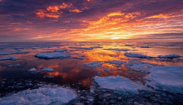 Vibrant sunset paints ice floes scattered on calm, reflective ocean water