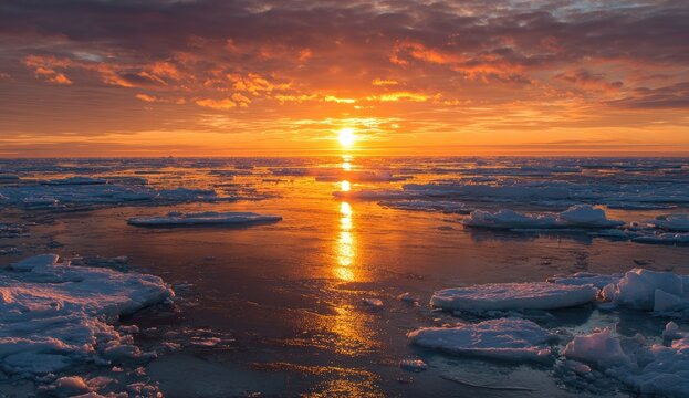 Arctic sunset over icy ocean waters, reflecting vibrant orange sky