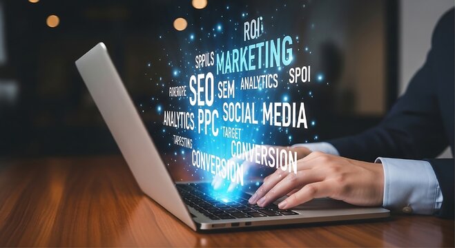 Close up shot of hands typing on a laptop keyboard with a glowing blue digital overlay of marketing and SEO keywords on a wooden desk.