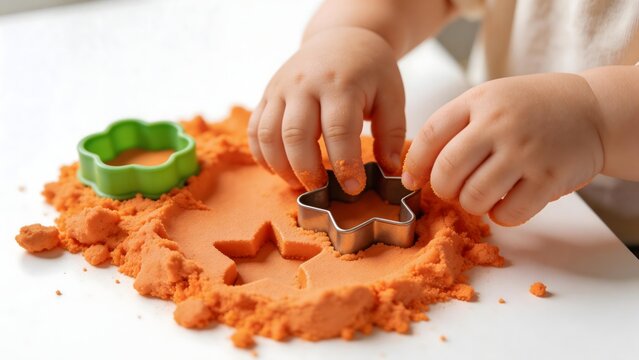 Child playing with orange kinetic sand