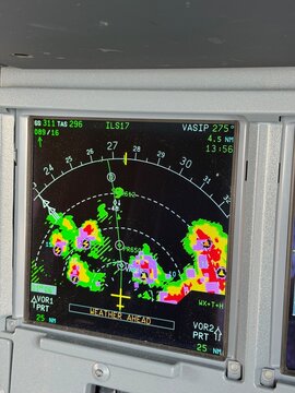 Close up shot on the multi scan weather radar on the Navigation Display screen of a modern airliner, visible returns
