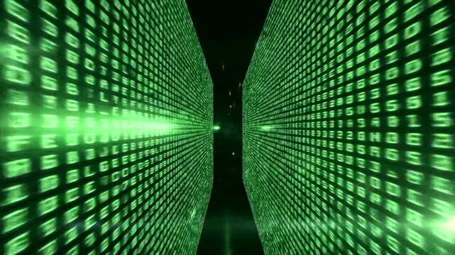 Digital tunnel of green code matrix background.