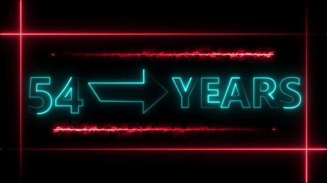 Abstract count 54 -years neon bright sign cyan color animation. Neon great celebrates year animation 4k video.