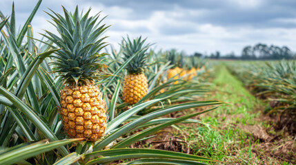 Fototapeta premium Pineapples grow in a field under cloudy skies in a tropical region during daytime hours