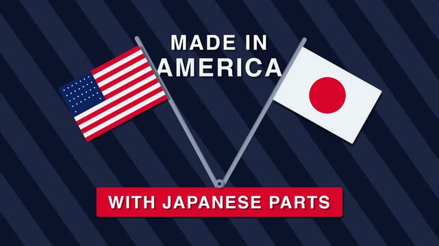 United States and Japan Crossed Flags with Made in America with Japanese Parts Text for Manufacturing Concept