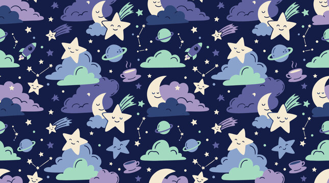 Whimsical Starry Night Sky Seamless Pattern