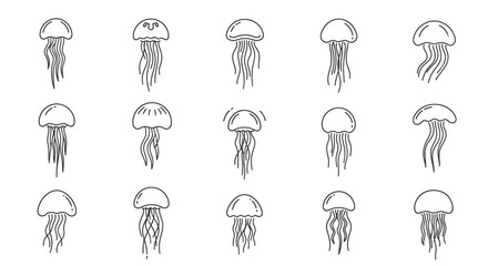 Minimalist illustration of multiple jellyfish in black and white © Kali