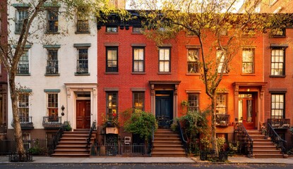 Fototapeta premium Row of colorful historic townhouses with trees lining the street