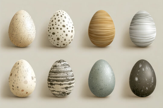 Collection of eight diverse natural-style eggs with spotted, striped, and textured patterns arranged neatly in two rows on a soft neutral background for design use