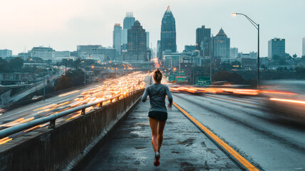 Fototapeta premium Runner moves on highway near downtown Atlanta during evening hours with city lights appearing in the background
