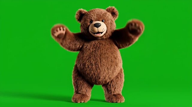 A delightful 3D animated brown teddy bear dances and waves on a green screen, perfect for kids' content and playful projects.