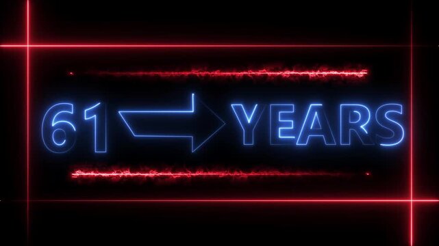Abstract count 61 -years neon bright sign royal blue color animation. Neon great celebrates year animation 4k video.