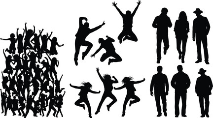 Fototapeta premium People silhouettes collection featuring jumping dancing cheering crowd and standing individuals isolated on white background celebration and lifestyle concept set