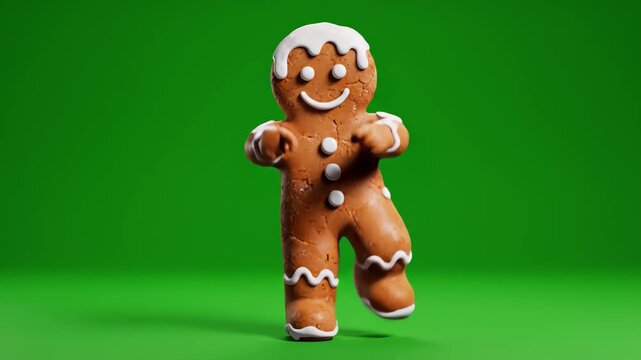 A delightful 3D animated gingerbread man performs a cheerful dance on a green screen, ideal for festive holiday and Christmas content creation.