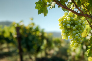 Fototapeta premium Grapes hanging on a vine in a vineyard during a sunny day in the countryside