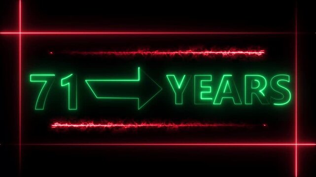 Abstract count 71 -years neon bright sign turquoise color animation. Neon great celebrates year animation 4k video.