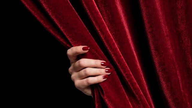 Elegant hands reveal a luxurious red velvet curtain on a dark stage. A woman's manicured hands gently pull back a rich, deep red velvet curtain