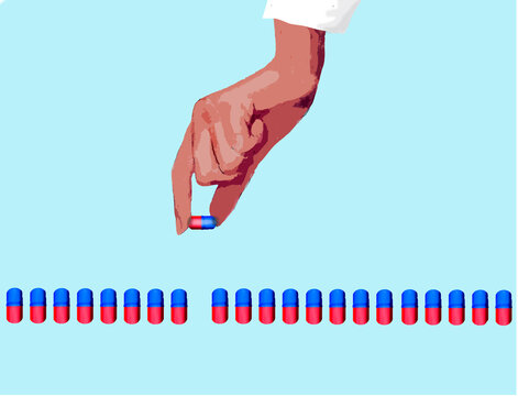 Hand holding a medicine capsule above a row of pills