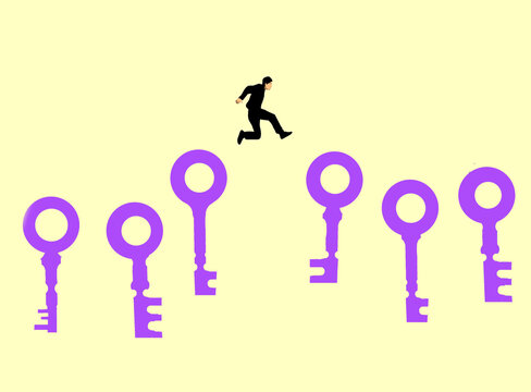 Silhouette jumping over purple keys representing success concept