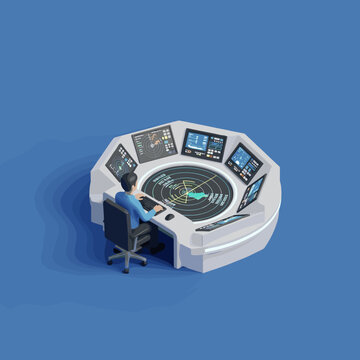 Isometric illustration of control center operator analyzing data on screens