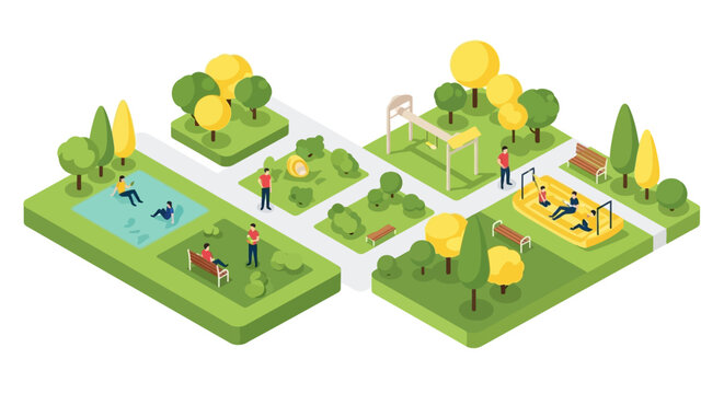 Isometric view of a public park with people enjoying various activities like swimming, exercising, and relaxing, presented in a bright and inviting cartoon style against a clean white
