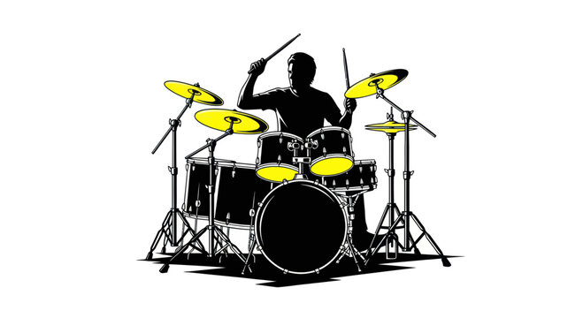 Drummer Silhouette Playing Drum Kit, Energetic Music Performance