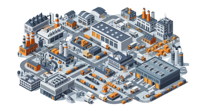 Isometric illustration shows a sprawling industrial zone filled with factories, warehouses, and transport vehicles connected by roads, depicted in a clean, geometric style