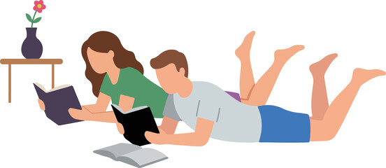 Fototapeta premium couple lying on the floor reading books together, shared hobby and education concept, minimalist flat vector illustration isolated on transparent background