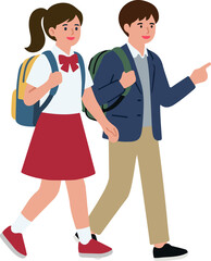 Obraz premium high school students in uniform walking to school, minimalist flat vector illustration isolated on transparent background