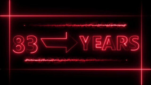 Abstract count 83 -years neon bright sign red color animation. Neon great celebrates year animation 4k video.