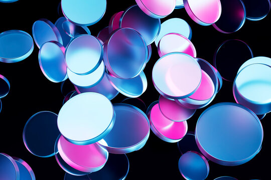 Abstract 3d rendering of glowing pink and blue glass circles