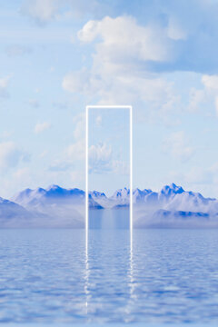 Surreal glowing 3D portal over blue water and mountain landscape